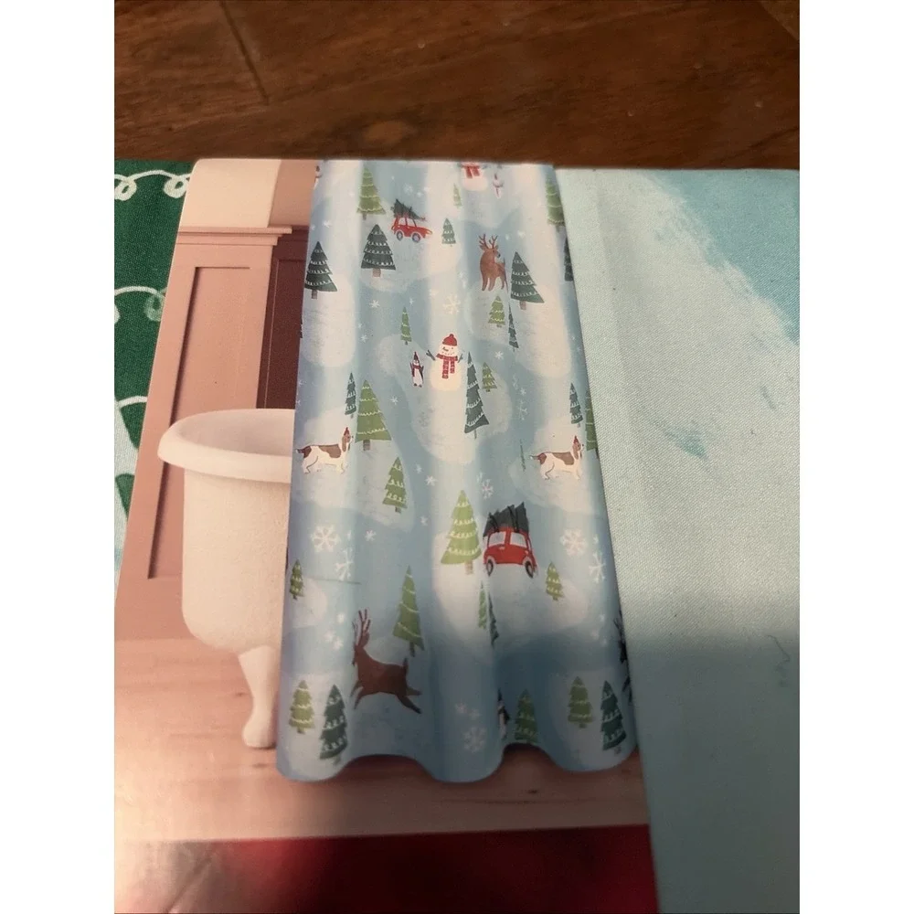 St. Nicholas Square Shower Curtain Winter Scenic Blue Holiday Red Truck NWT